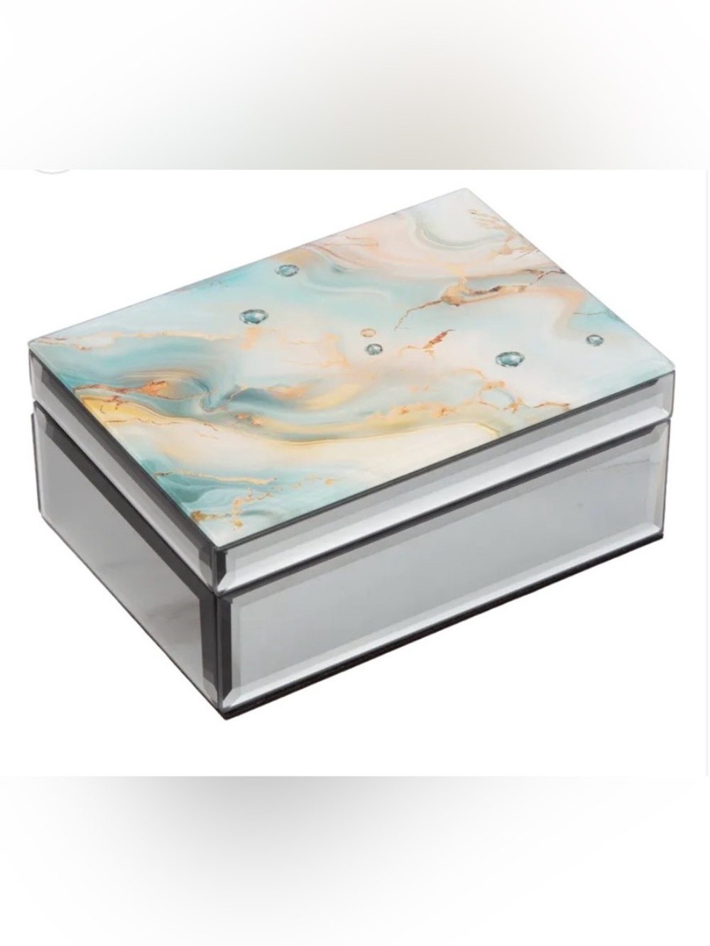 NIB Arton Giftware Australia Mirrored Glass Jewelry Box with Aqua Marbled Inlay